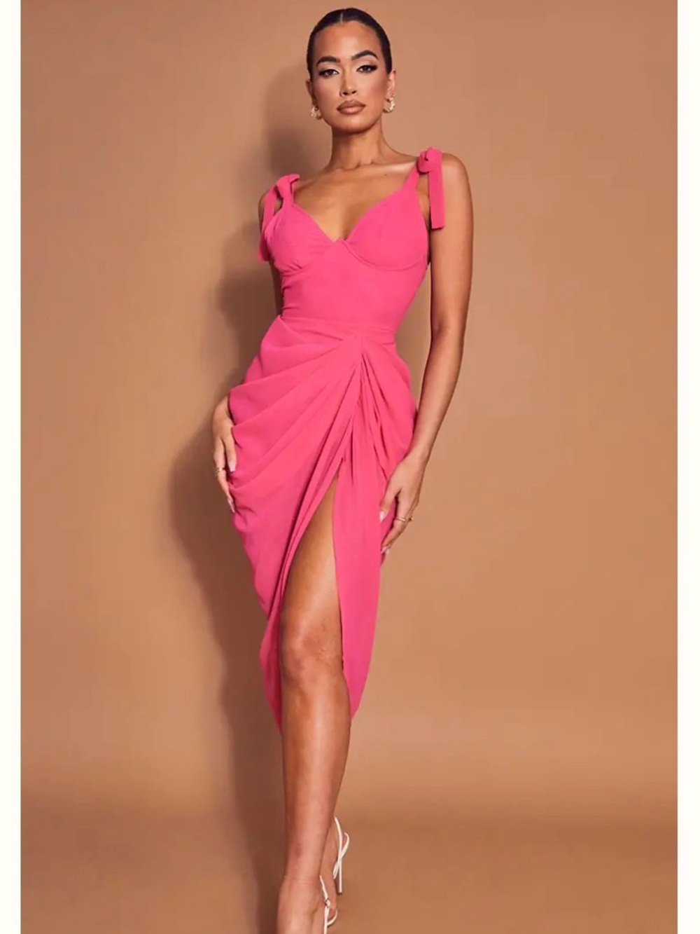 PrettyLittleThing HOT PINK UNDERWIRE DETAIL DRAPED MIDI DRESS